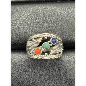 New Condition Coral Turquoise Lapis Silver Feathers Band Ring 925 Size 7 J28
